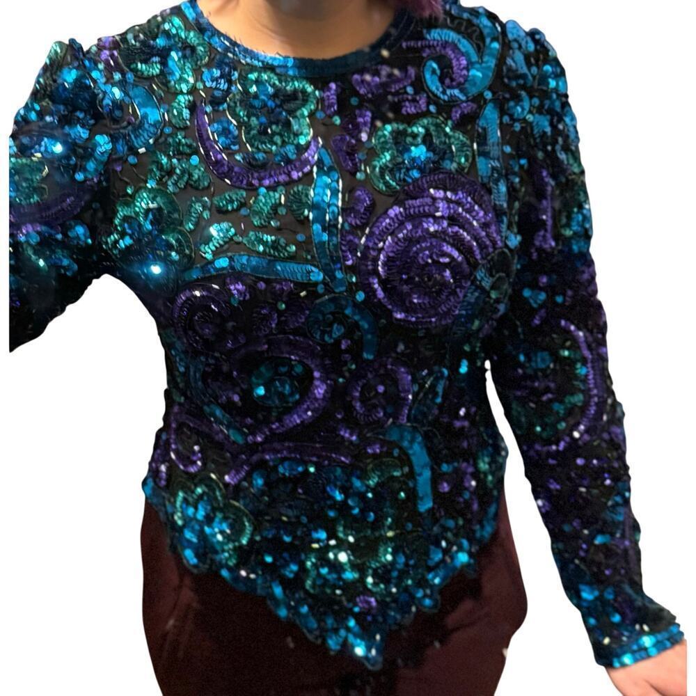 Laurence Kazar Vintage Whimsigoth Fairy Core Sz L 100% Silk Sequin party glam